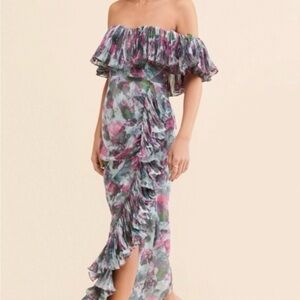 HUTCH Anthropologie Purple and Blue Asymmetrical Ruffled Gown